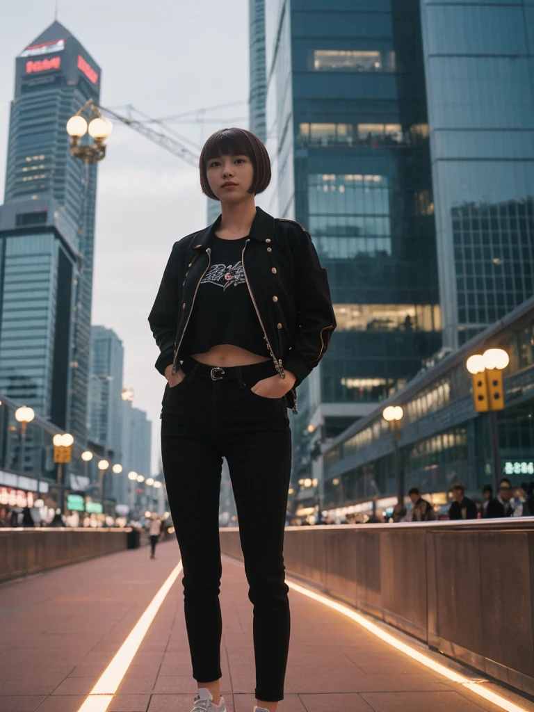 her name is Asako, high quality, 1girl, ((20-year-old fit Caucasian woman)), ((20 years old)), ((slim)), ((Edgy Bowl Cut hair)), pose: standing, wearing edgy Generation-Z modern wear bright colored, BACKGROUND:At the Tsim Sha Tsui Promenade, with stunning views of the Victoria Harbor and the Symphony of Lights show