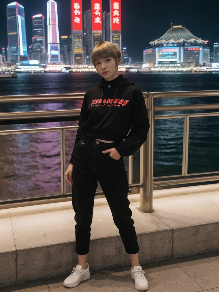 her name is Asako, high quality, 1girl, ((20-year-old fit Caucasian woman)), ((20 years old)), ((slim)), ((Edgy Bowl Cut hair)), pose: standing, wearing edgy Generation-Z modern wear bright colored, BACKGROUND:At the Tsim Sha Tsui Promenade, with stunning views of the Victoria Harbor and the Symphony of Lights show