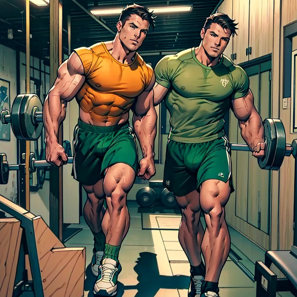 8k,high quality,  solo man ,hunk and handsome mature man, Stephen AMELL in mid fourties shirtless , wearing a dark green shorts and shoes , showing his musclesand bulge  , in a gym doing dumbbells, 1 man show