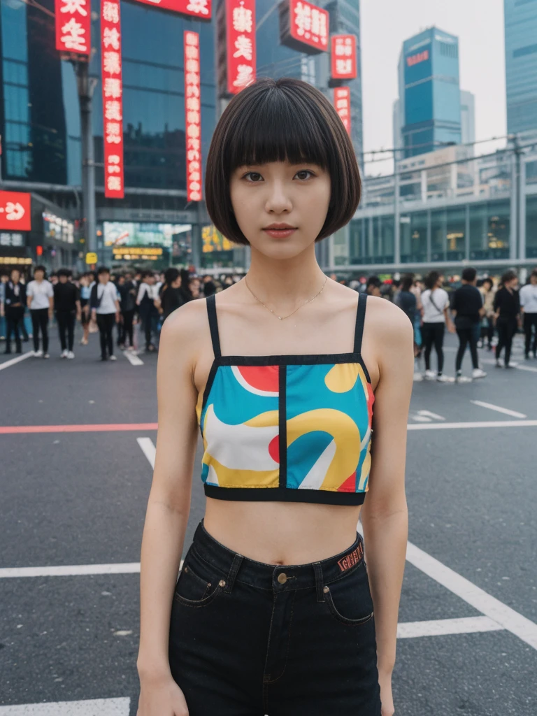 her name is Asako, high quality, 1girl, ((20-year-old fit Caucasian woman)), ((20 years old)), ((slim)), ((Edgy Bowl Cut hair)), pose: standing, wearing edgy Generation-Z modern wear bright colored, BACKGROUND:At the Tsim Sha Tsui Promenade, with stunning views of the Victoria Harbor and the Symphony of Lights show