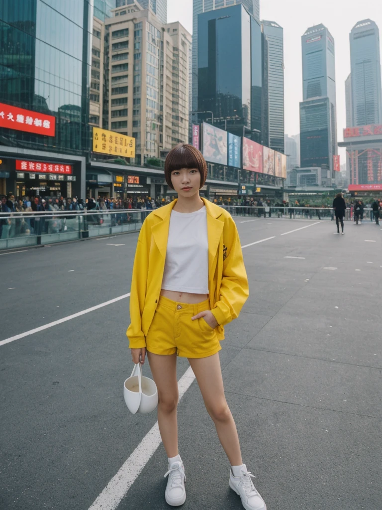her name is Asako, high quality, 1girl, ((20-year-old fit Caucasian woman)), ((20 years old)), ((slim)), ((Edgy Bowl Cut hair)), pose: standing, wearing edgy Generation-Z modern wear bright colored, BACKGROUND:At the Tsim Sha Tsui Promenade, with stunning views of the Victoria Harbor and the Symphony of Lights show