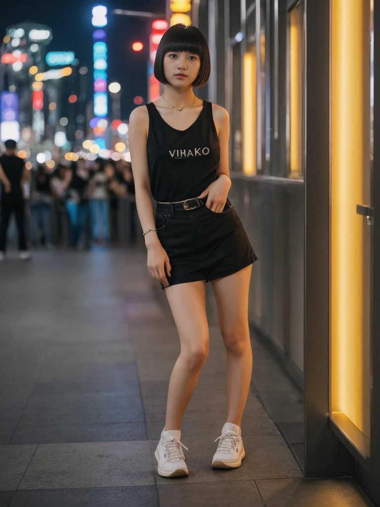 her name is Asako, high quality, 1girl, ((20-year-old fit Caucasian woman)), ((20 years old)), ((slim)), ((Edgy Bowl Cut hair)), pose: standing, wearing edgy Generation-Z modern wear bright colored, BACKGROUND:At the Tsim Sha Tsui Promenade, with stunning views of the Victoria Harbor and the Symphony of Lights show