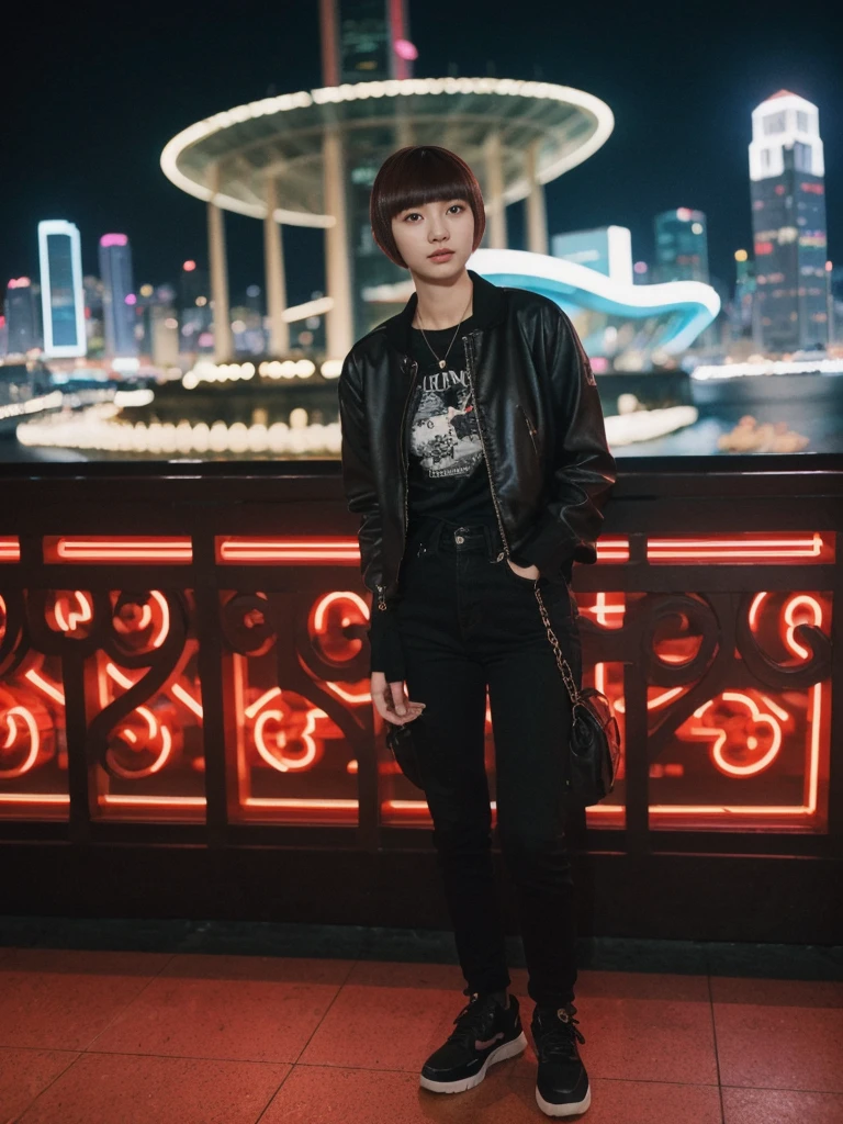 her name is Asako, high quality, 1girl, ((20-year-old fit Caucasian woman)), ((20 years old)), ((slim)), ((Edgy Bowl Cut hair)), pose: standing, wearing edgy Generation-Z modern wear bright colored, BACKGROUND:At the Tsim Sha Tsui Promenade, with stunning views of the Victoria Harbor and the Symphony of Lights show