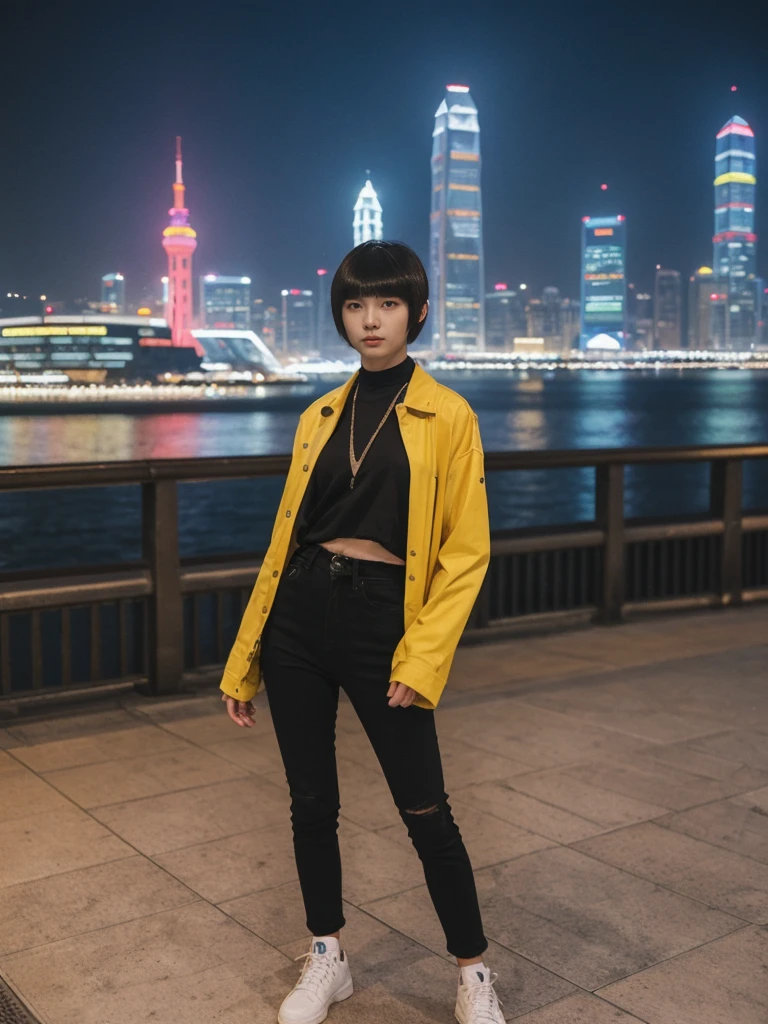 her name is Asako, high quality, 1girl, ((20-year-old fit Caucasian woman)), ((20 years old)), ((slim)), ((Edgy Bowl Cut hair)), pose: standing, wearing edgy Generation-Z modern wear bright colored, BACKGROUND:At the Tsim Sha Tsui Promenade, with stunning views of the Victoria Harbor and the Symphony of Lights show