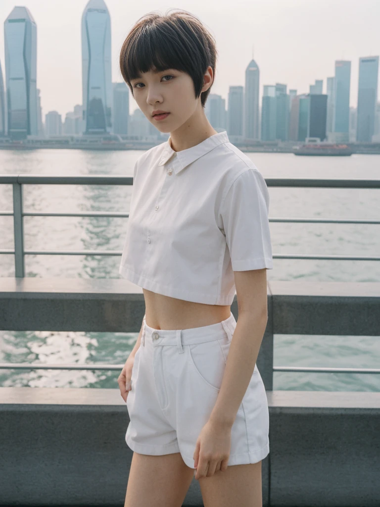 her name is Asako, high quality, 1girl, ((20-year-old fit Caucasian woman)), ((20 years old)), ((slim)), ((Edgy Bowl Cut hair)), pose: standing, wearing edgy Generation-Z modern wear bright colored, BACKGROUND:At the Tsim Sha Tsui Promenade, with stunning views of the Victoria Harbor and the Symphony of Lights show