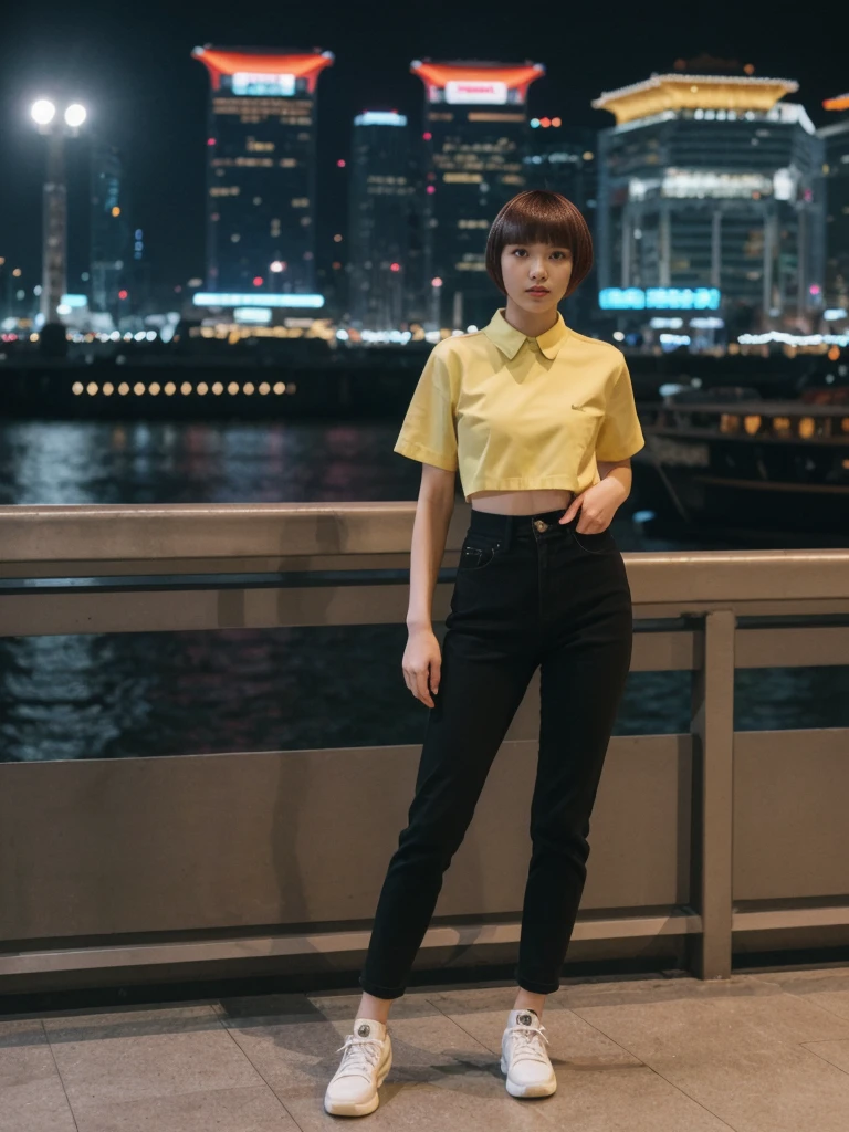 her name is Asako, high quality, 1girl, ((20-year-old fit Caucasian woman)), ((20 years old)), ((slim)), ((Edgy Bowl Cut hair)), pose: standing, wearing edgy Generation-Z modern wear bright colored, BACKGROUND:At the Tsim Sha Tsui Promenade, with stunning views of the Victoria Harbor and the Symphony of Lights show