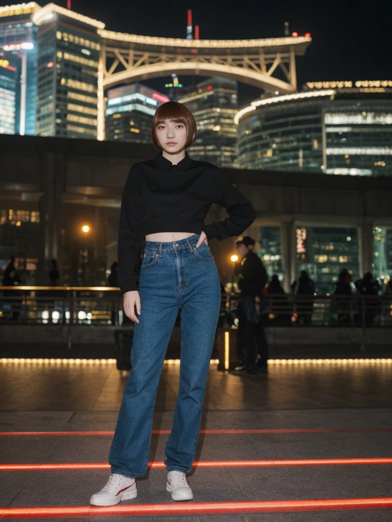 her name is Asako, high quality, 1girl, ((20-year-old fit Caucasian woman)), ((20 years old)), ((slim)), ((Edgy Bowl Cut hair)), pose: standing, wearing edgy Generation-Z modern wear bright colored, BACKGROUND:At the Tsim Sha Tsui Promenade, with stunning views of the Victoria Harbor and the Symphony of Lights show