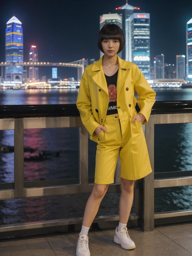 her name is Asako, high quality, 1girl, ((20-year-old fit Caucasian woman)), ((20 years old)), ((slim)), ((Edgy Bowl Cut hair)), pose: standing, wearing edgy Generation-Z modern wear bright colored, BACKGROUND:At the Tsim Sha Tsui Promenade, with stunning views of the Victoria Harbor and the Symphony of Lights show