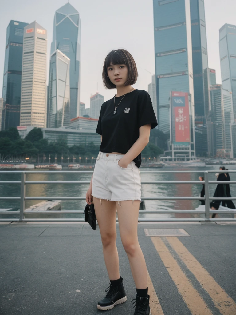 her name is Asako, high quality, 1girl, ((20-year-old fit Caucasian woman)), ((20 years old)), ((slim)), ((Edgy Bowl Cut hair)), pose: standing, wearing edgy Generation-Z modern wear bright colored, BACKGROUND:At the Tsim Sha Tsui Promenade, with stunning views of the Victoria Harbor and the Symphony of Lights show