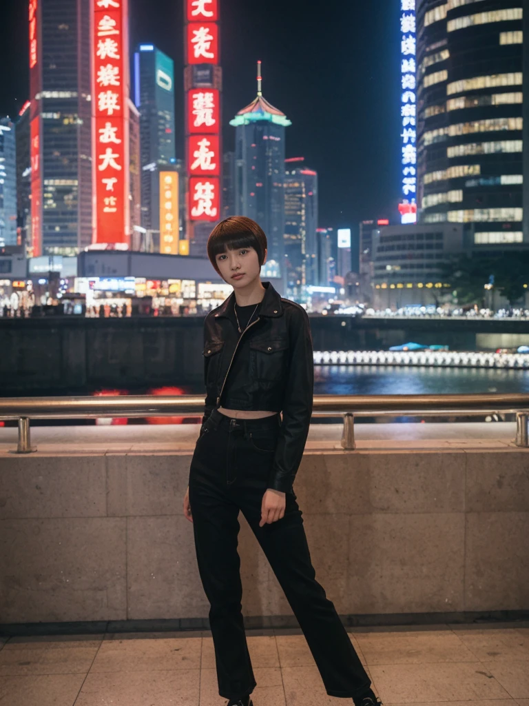 her name is Asako, high quality, 1girl, ((20-year-old fit Caucasian woman)), ((20 years old)), ((slim)), ((Edgy Bowl Cut hair)), pose: standing, wearing edgy Generation-Z modern wear bright colored, BACKGROUND:At the Tsim Sha Tsui Promenade, with stunning views of the Victoria Harbor and the Symphony of Lights show