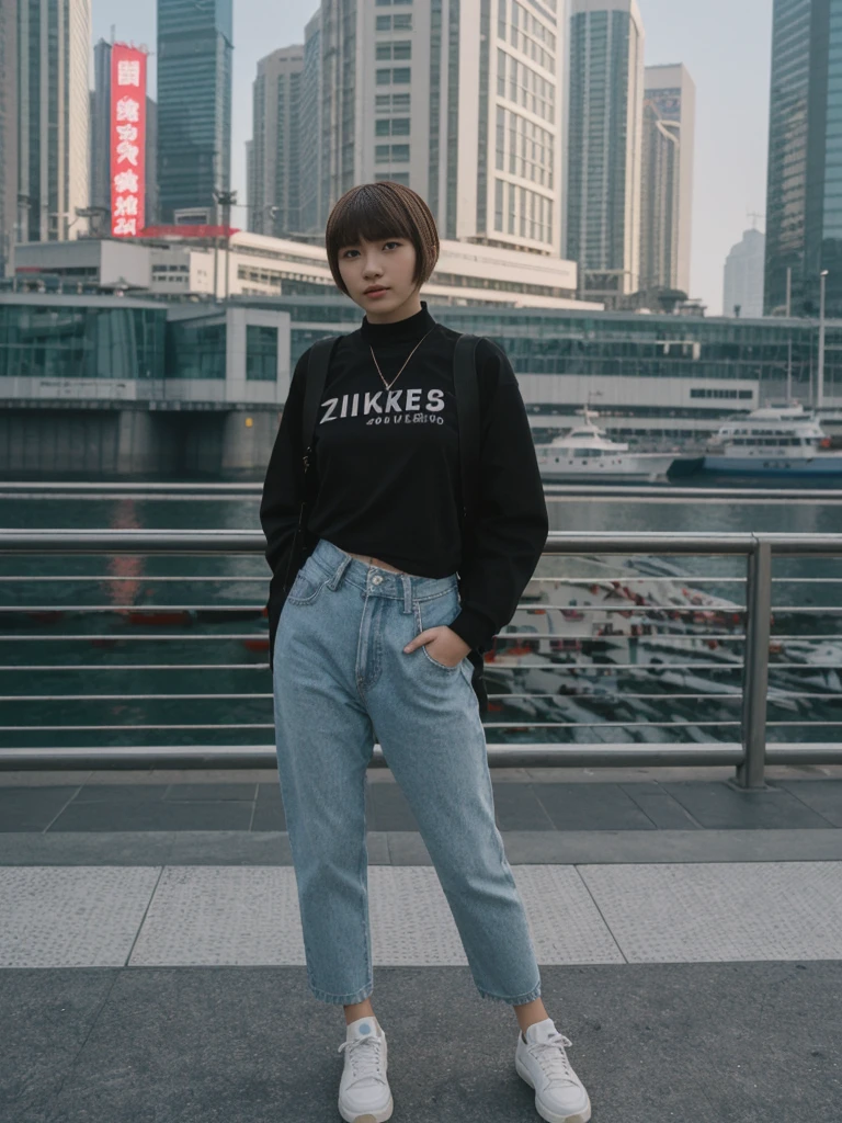 her name is Asako, high quality, 1girl, ((20-year-old fit Caucasian woman)), ((20 years old)), ((slim)), ((Edgy Bowl Cut hair)), pose: standing, wearing edgy Generation-Z modern wear bright colored, BACKGROUND:At the Tsim Sha Tsui Promenade, with stunning views of the Victoria Harbor and the Symphony of Lights show