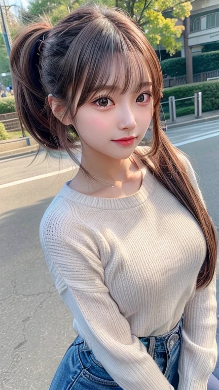 blush,,Small breasts,winter,Long hair ponytail,winter,Wearing a white long-sleeved knitted sweater,Wearing jeans,enjoy the date,Japan amusement park,Face close-up,((8K, RAW Photos, Highest quality, Pieces fly:1.2), (reality, Realistic:1.4), (Highly detailed 8K wallpaper), Written boundary depth, Cinema Lighting, Soft Light, Detailed Beauty Eye,Shiny and smooth light brown ponytail, Asymmetrical bangs, Shiny skin, Highly detailed skin ,High resolution, High detail, Detailed hairstyle, Beautiful face with attention to detail, Hyper Real, Perfect limbs, Perfect Anatomy ,1 Japanese girl,Famous Japanese Idols, Perfect female body,A shy smile,short eyelashes,double eyelid,Look straight here,Hairstyle: Ponytail,