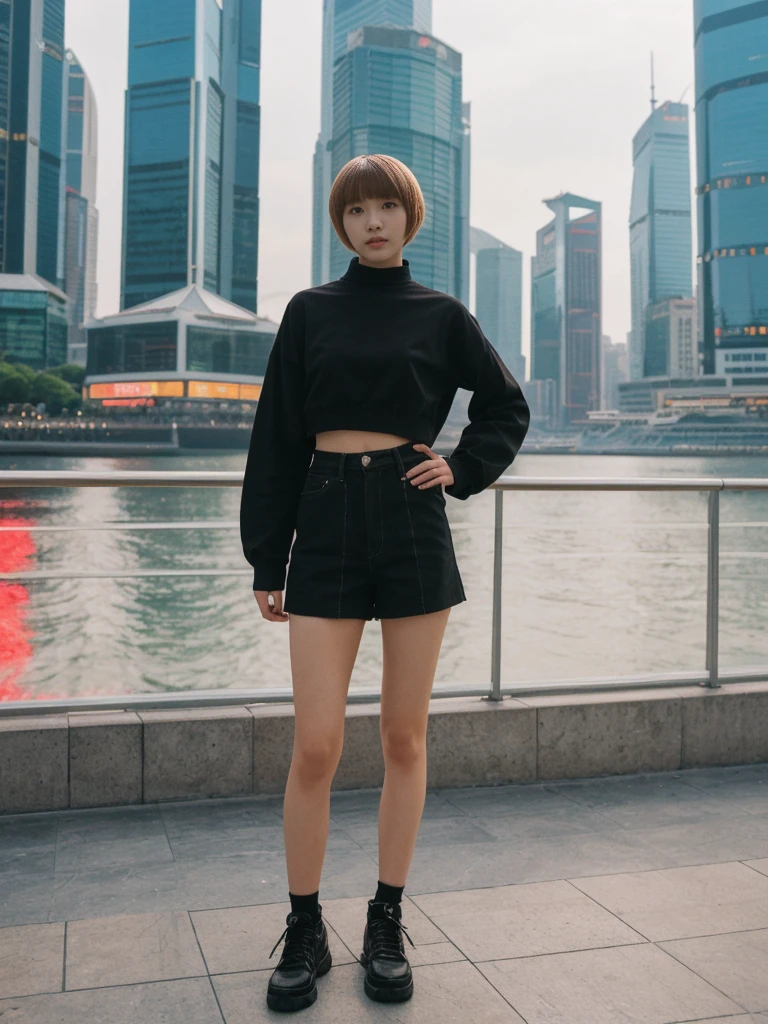 her name is Asako, high quality, 1girl, ((20-year-old fit Caucasian woman)), ((20 years old)), ((slim)), ((Edgy Bowl Cut hair)), pose: standing, wearing edgy Generation-Z modern wear bright colored, BACKGROUND:At the Tsim Sha Tsui Promenade, with stunning views of the Victoria Harbor and the Symphony of Lights show