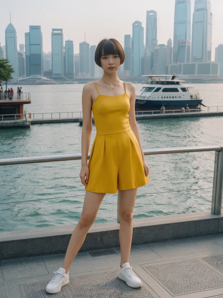 her name is Asako, high quality, 1girl, ((20-year-old fit Caucasian woman)), ((20 years old)), ((slim)), ((Edgy Bowl Cut hair)), pose: standing, wearing edgy Generation-Z modern wear bright colored, BACKGROUND:At the Tsim Sha Tsui Promenade, with stunning views of the Victoria Harbor and the Symphony of Lights show