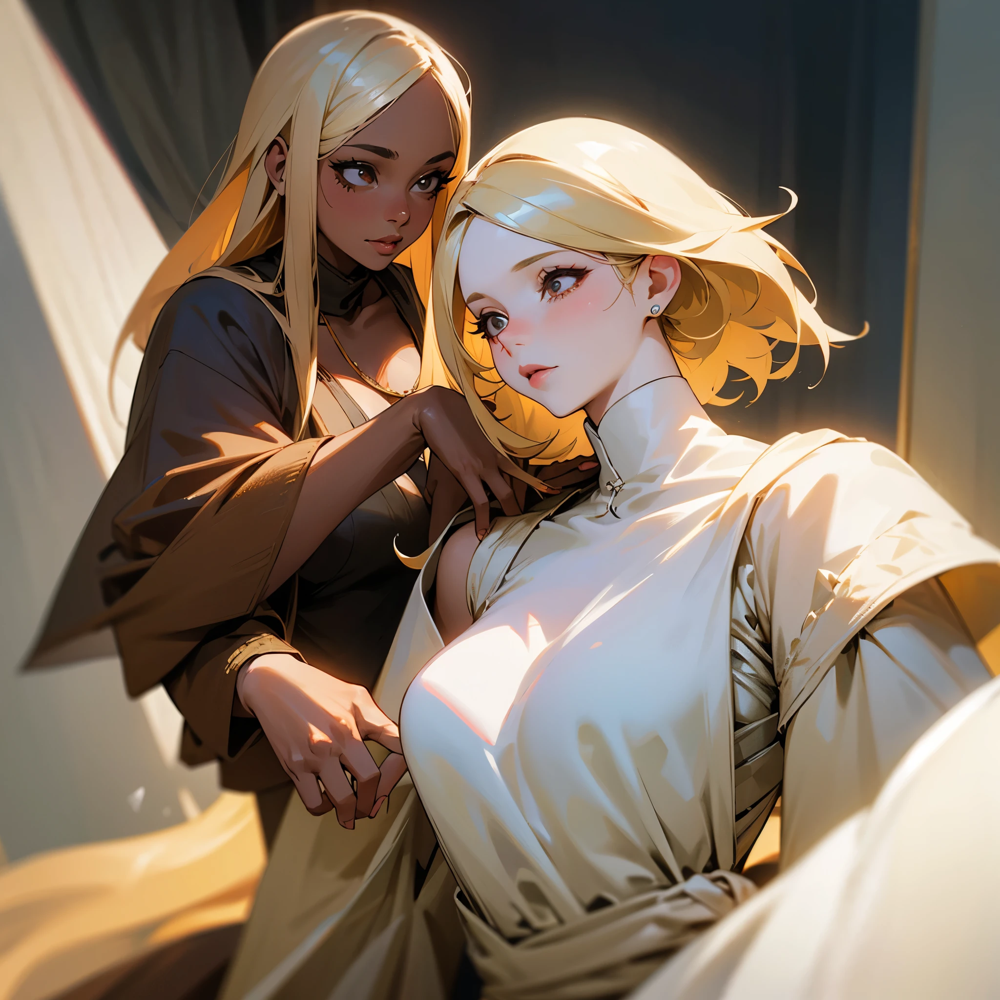 Two woman, one woman with brown skin is behind a women with pale skin and blonde hair, detailed,