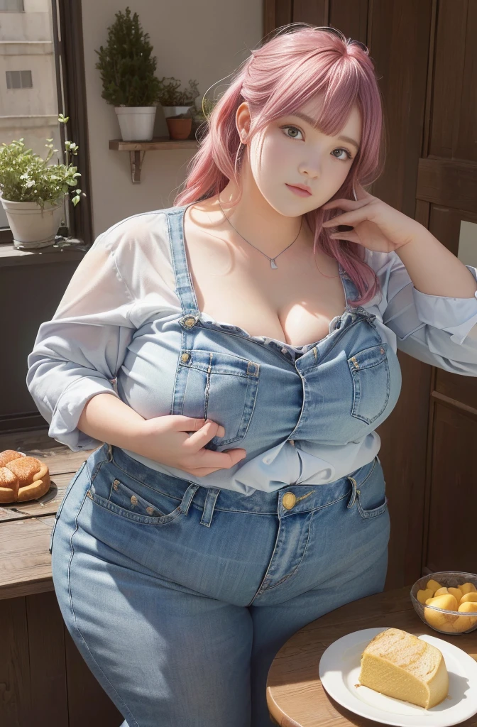 Makima de l'anime "chainsaw man", bbwchan, corps entier, magnifique et ultra détaillée. Ssbbw, obésité morbide, Cheveux rouges, yeux jaunes, visage gras, visage ultra détaillé et doux. Chemise, jupe en jean, pose dynamique, soleil, gris ventre rond et mou sur la table 