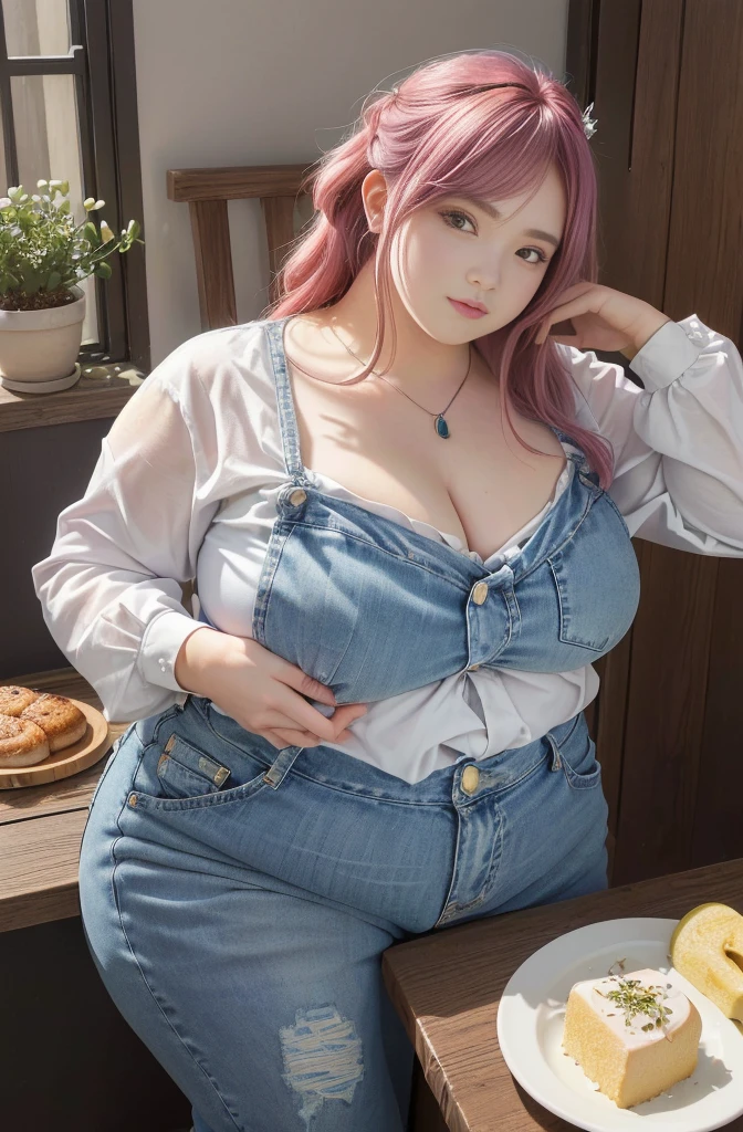 Makima de l'anime "chainsaw man", bbwchan, corps entier, magnifique et ultra détaillée. Ssbbw, obésité morbide, Cheveux rouges, yeux jaunes, visage gras, visage ultra détaillé et doux. Chemise, jupe en jean, pose dynamique, soleil, gris ventre rond et mou sur la table 