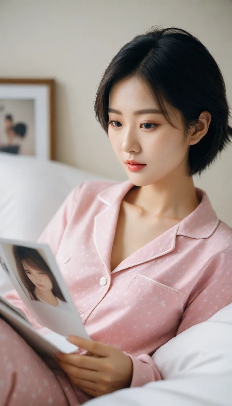 Close up of beautiful Korean woman, 34 inch chest size,Wearing pajamas, sitting in bed reading, polaroid photo, short hairUHD