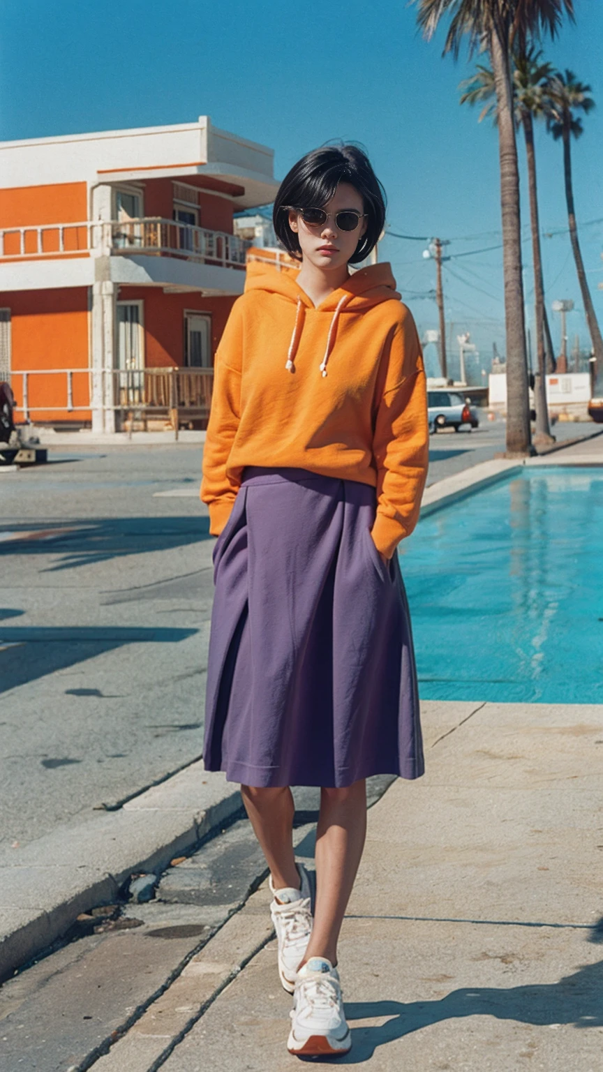 long shot portrait of cute 23 yo girl, (natural big breast) ,wear ((orange color oversized hoodie)), wear ((purple tennis skirt)),looking front,Best Quality,Masterpiece,Ultra High Resolution,(Realisticity:1.4),Original Photo, 1Girl, light leak,ultra high resolution,UHD,beautiful, (black bob hair), almond eye, no makeup, in front of (80's mondrian architecture motel), (realistic:1.2), (surreal:1.3), (very detailed:1.1), ((masterpiece)),summer, blue sky, palm trees,sunny, los angles vibes,film camera, 800mm lens,style of Philip Lorca diCorcia