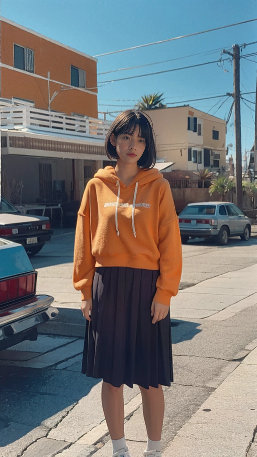 long shot portrait of cute 23 yo girl, (natural big breast) ,wear ((orange color oversized hoodie)), wear ((purple tennis skirt)),looking front,Best Quality,Masterpiece,Ultra High Resolution,(Realisticity:1.4),Original Photo, 1Girl, light leak,ultra high resolution,UHD,beautiful, (black bob hair), almond eye, no makeup, in front of (80's mondrian architecture motel), (realistic:1.2), (surreal:1.3), (very detailed:1.1), ((masterpiece)),summer, blue sky, palm trees,sunny, los angles vibes,film camera, 800mm lens,style of Philip Lorca diCorcia