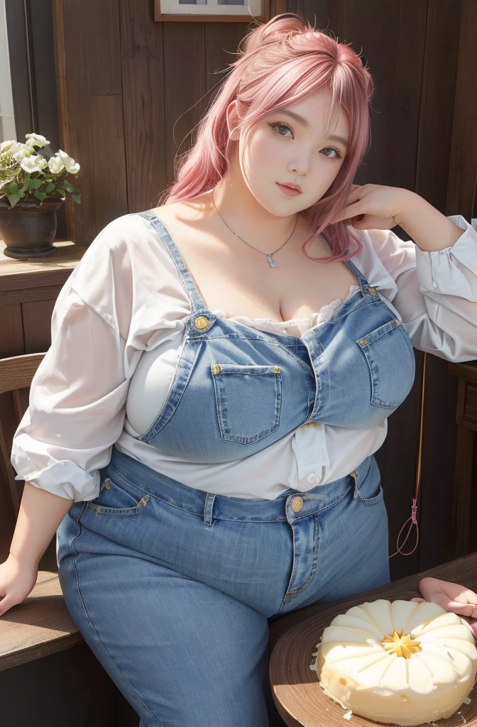 Makima de l'anime "chainsaw man", bbwchan, corps entier, magnifique et ultra détaillée. Ssbbw, obésité morbide, Cheveux rouges, yeux jaunes, visage gras, visage ultra détaillé et doux. Chemise, jupe en jean, pose dynamique, soleil, gris ventre rond et mou sur la table