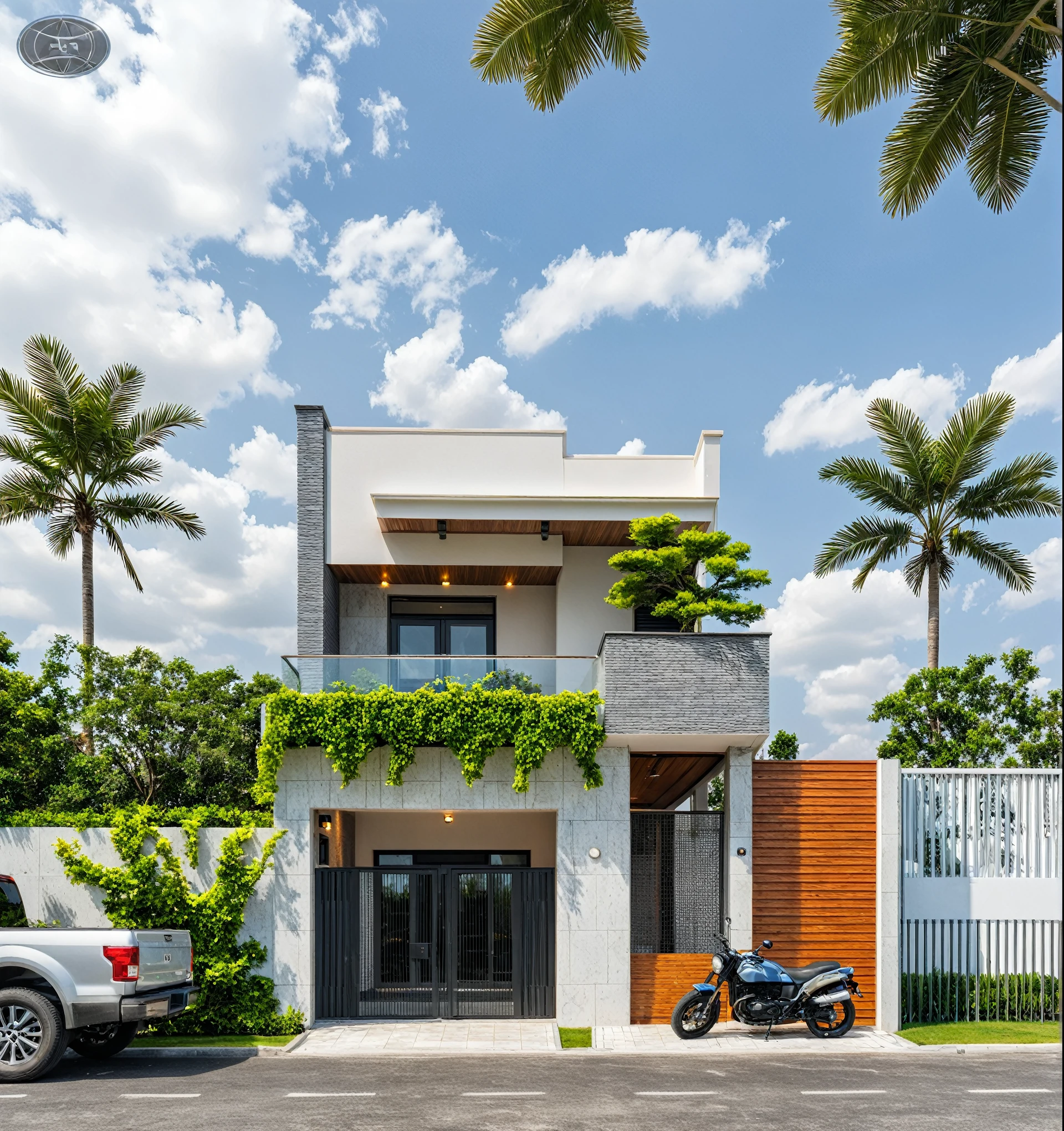 Masterpiece, high quality, best quality, authentic, super detail, outdoors, onestoreyvillaXL, aiaigroup, house style modern on the street ,stairs, white wall ,road,pavement, grass, trees, sky, cloud, (daylight:1.1),((pool front of villa))
