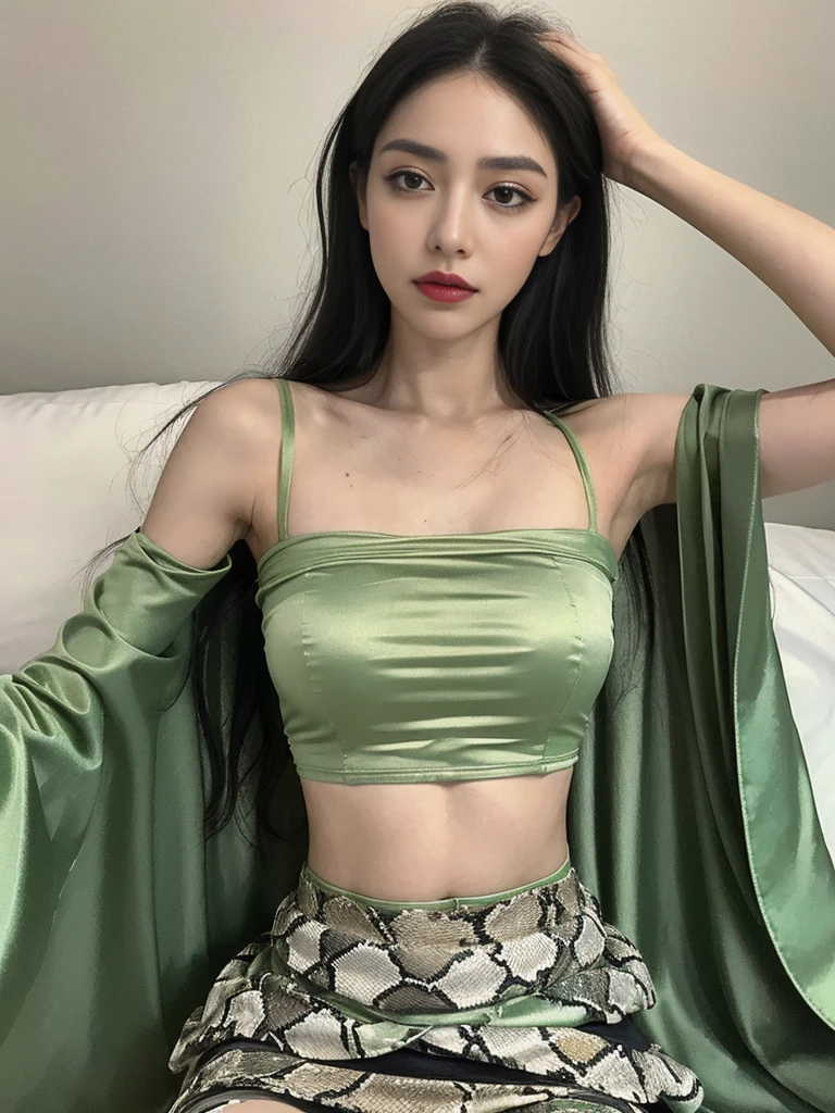 ((best quality, 8k, Masterpiece: 1.3)), 1 girl, Beautiful figure, slim stomach.: 1.3, (long black hairstyle,messy hair, big breasts: 1.2), white off shoulder dress, There is a see-through cloak., Off-the-shoulder shirt, Show off your abdominal muscles , Very smooth face, delicate eyes, Double eyelids, house,on the bed,Raise your hair,sleepy eyes,There are snake scales on the arms.(That arm is green.)