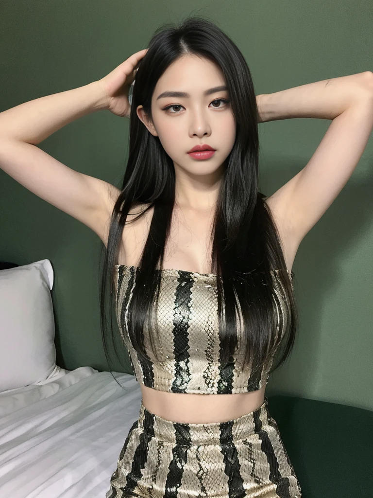 ((best quality, 8k, Masterpiece: 1.3)), 1 girl, Beautiful figure, slim stomach.: 1.3, (long black hairstyle,messy hair, big breasts: 1.2), white off shoulder dress, There is a see-through cloak., Off-the-shoulder shirt, Show off your abdominal muscles , Very smooth face, delicate eyes, Double eyelids, house,on the bed,Raise your hair,sleepy eyes,There are snake scales on the arms.(That arm is green.)