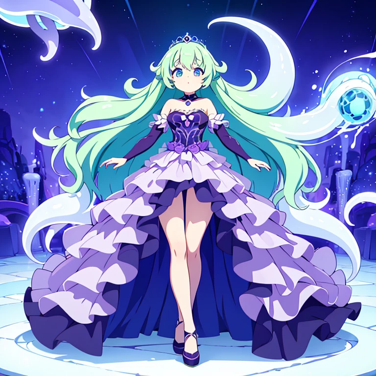 Full body, beautiful eyes , 1 girl  , full body , cute girl , anime style , cute eyes  , (standing up) , ( Lumivora's bell is a dark, deep violet that fades into a ghostly white at the edges, creating a hauntingly beautiful contrast. Its tentacles are semi-transparent and glow in various shades of green and blue, giving off a hypnotic light show. The core of its body contains swirling patterns of dark energy that seem to shift and move on their own.) , (ball gown) , crown , hidden legs ,( princess) , (ballgown covers legs) , tentacles , jellyfish