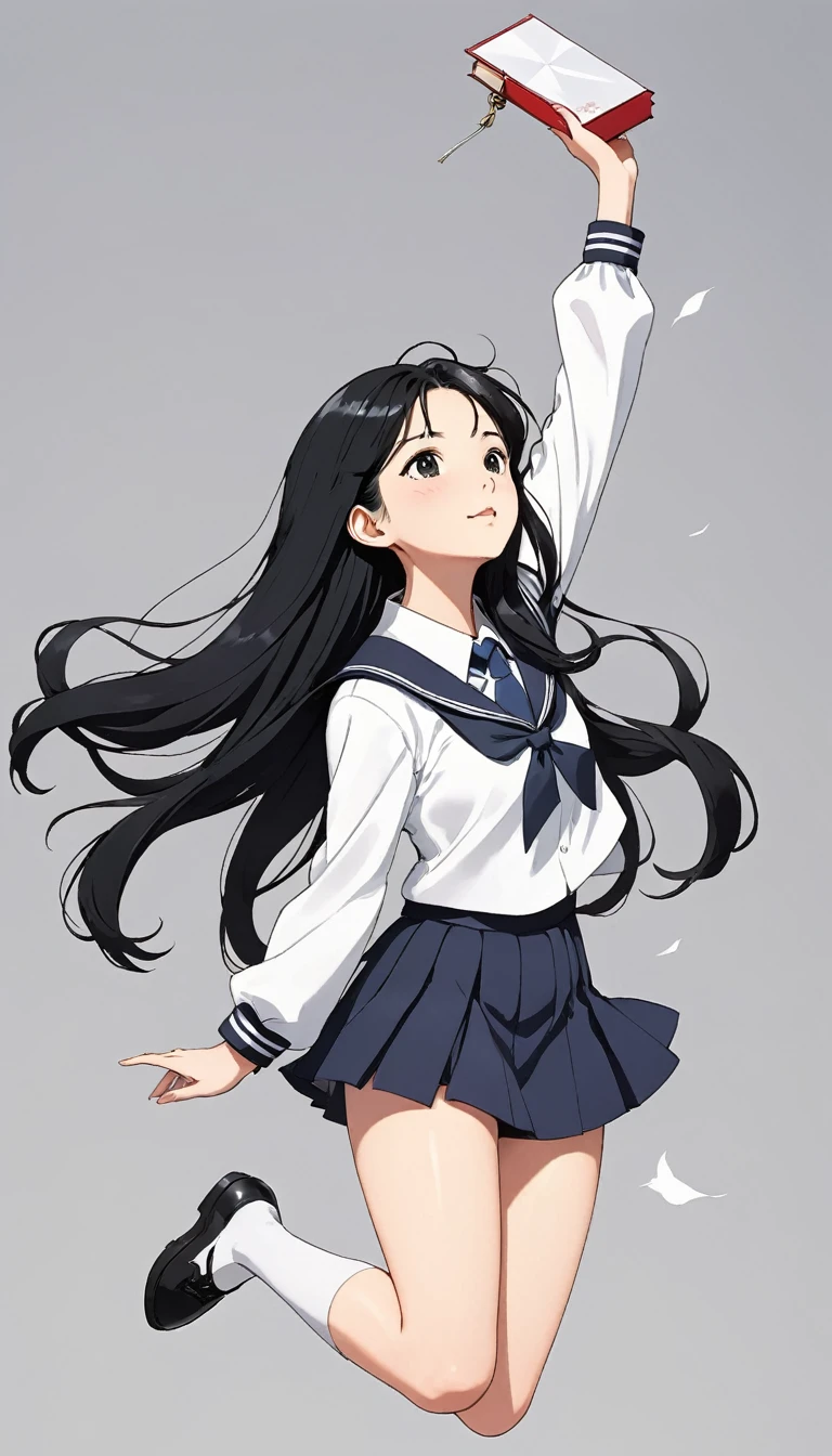 monochromatic、18-year-old、woman、Moderate bust、Simple Background、solo、slender、1 person、Superpowers、Small parts floating in the air、Black Hair、Long Hair、Floating in the air、Japanese、High school girls、uniform