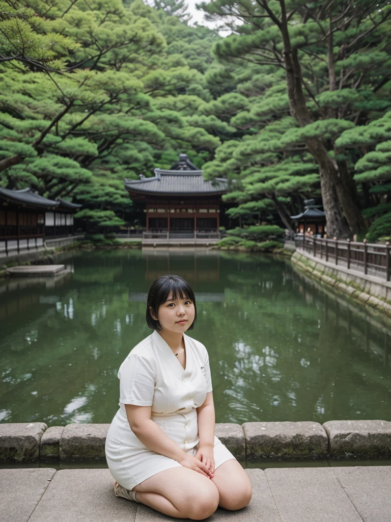 her name is Akira, high quality, 1girl, ((18-year-old chubby JAPANESE woman)), ((18 years old)), ((((CHUBBY BODY)))), SHORT BOB, pose: sitting, wearing stylish fashionable Generation-Z modern wear different colored, BACKGROUND: Within the serene gardens of Kinkaku-ji, where a temple reflects the water.