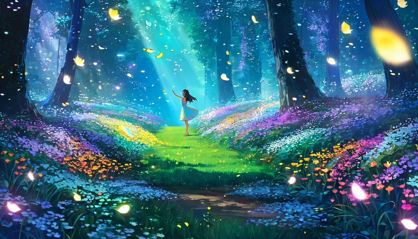 1 girl, standing alone, whole body, (work of art:1.21), (best qualityer:1.2), colorfully, (illustration:1.2), (cinematic lighting:1.1), (bared shoulders:1.21), (clavicle:1.21)
In this whimsical and fantastic garden, the scene is illuminated by a rainbow of (colorfully fireflies), dancing and vibrating in the air. The garden is decorated by a soft (drizzle), creating a misty and ethereal atmosphere. In the center of the scene, There's a single girl, an extremely delicate and beautiful girl, with cute features and an innocent expression. Her long hair is flowing with the wind. She is wearing a strapless dress, which is ultra low cut, highlighting her delicate curves.
The lighting is very delicate and beautiful, creating a soft and warm glow that highlights the water, making it shine like diamonds. The best grass is also lit, creating a lush and verdant carpet. The garden is surrounded by colorfully flower fields, with blooms of every color and shape. (borboletas colorfullys), of every shade and size, can be seen floating around the scene, increasing the overall sense of wonder and magic. (look there viewer),A blush can be seen on your nose, and his mouth is slightly open, adding to the overall sense of innocence and youthfulness. Falling petals can be seen floating around her, enhancing the overall feeling of romance and beauty. A gentle wind is blowing through the scene, making the leaves rustle and the flowers sway, increasing the overall sense of movement and life. This is a scene of pure wonder and magic, filled with color and beauty, where the viewer can lose themselves in the enchanting and captivating world.
