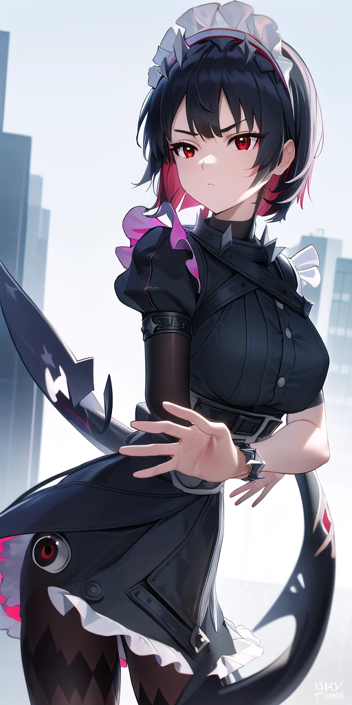 Anti-Joe, Ugly Joe, Black Hair, Colored undercoat, multicoloRed hair, (Red Eyes:1.3), Red hair, short hair, Two-tone hair,
rest bapron, black Pantyhose, black shirt, black skirt, ear punching, arrive, fish Tail, maid, maid apron, maid headdress, Pantyhose, punching, puffy Short sleeve, Puff sleeves, Shark Girl, shark Tail, shirt, Short sleeve, skirt, Tail, Two-tone hair, Wrist sleeves,
rest outdoors, City, Sky, cloud, sun, architecture, crowd, people, alley,
rest looking at viewer, (Cowboy shooting:1.5),
rest (masterpiece:1.2), best quality, high resolution, Unity 8K wallpaper, (illustration:0.8), (beautiful deTailed eyes:1.6), extremely deTailed face, Perfect lighting, extremely deTailed CG, (Perfect hands, Perfect anatomical structure),