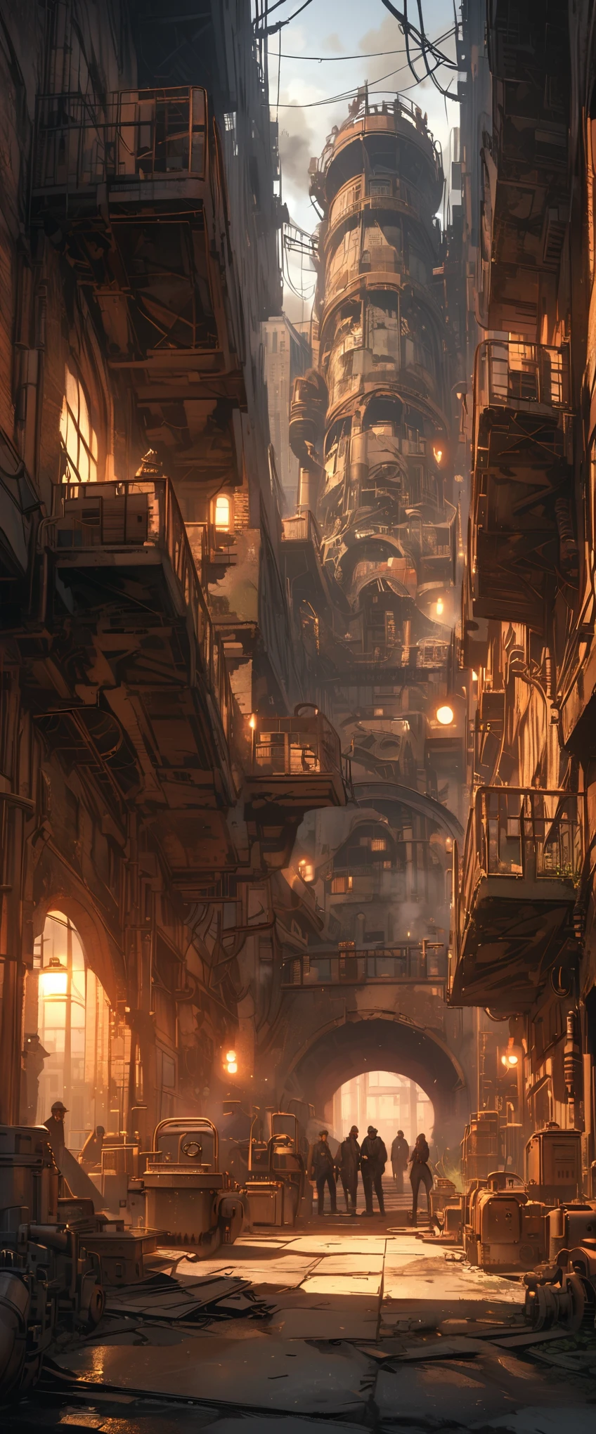 Industrial city, Walls all around, Steampunk, Rusty and heavy, smokes, chimney, factory, gear, Mechanical, High-rise buildings, tower, Steam powered, Steam piping, Street Lights, (light:0.8, Super Detail, bloom)