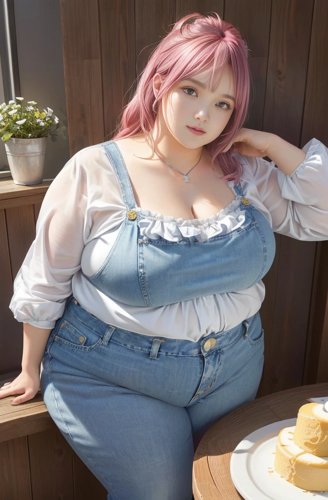 Makima de l'anime "chainsaw man", bbwchan, corps entier, magnifique et ultra détaillée. Ssbbw, obésité morbide, Cheveux rouges, yeux jaunes, visage gras, visage ultra détaillé et doux. Chemise, jupe en jean, pose dynamique, soleil, gris ventre rond et mou débordant sur la table 