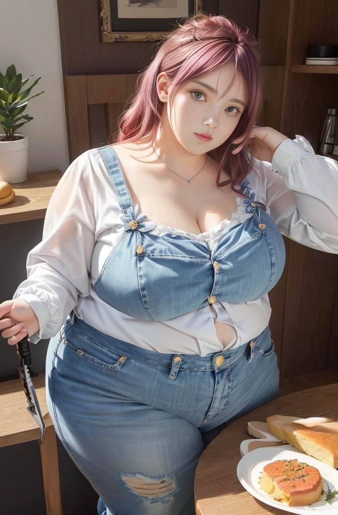 Makima de l'anime "chainsaw man", bbwchan, corps entier, magnifique et ultra détaillée. Ssbbw, obésité morbide, Cheveux rouges, yeux jaunes, visage gras, visage ultra détaillé et doux. Chemise, jupe en jean, pose dynamique, soleil, gris ventre rond et mou débordant sur la table
