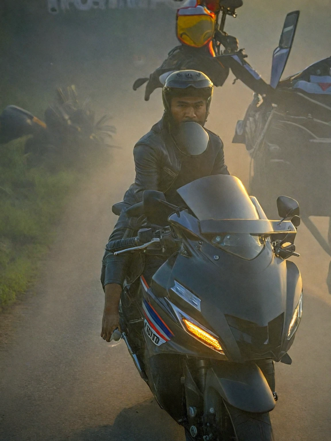 there is a man sitting on a motorcycle on the side of the road, without helmet, front profile!!!!, taken with sony alpha 9, morning time, badass composition, nivanh chanthara, thawan duchanee, inspired by Bikash Bhattacharjee, shot on nikon z9, motorbiker, ayan nag, motorcycle