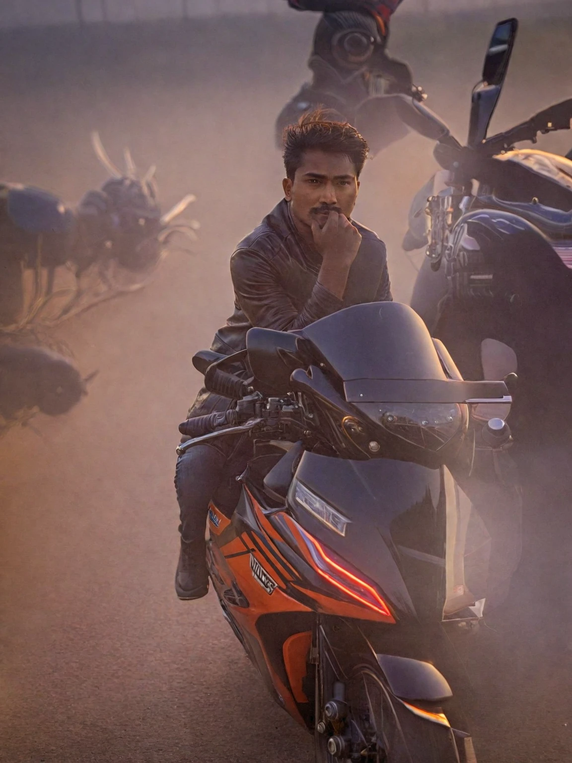 there is a man sitting on a motorcycle on the side of the road, without helmet, front profile!!!!, taken with sony alpha 9, morning time, badass composition, nivanh chanthara, thawan duchanee, inspired by Bikash Bhattacharjee, shot on nikon z9, motorbiker, ayan nag, motorcycle