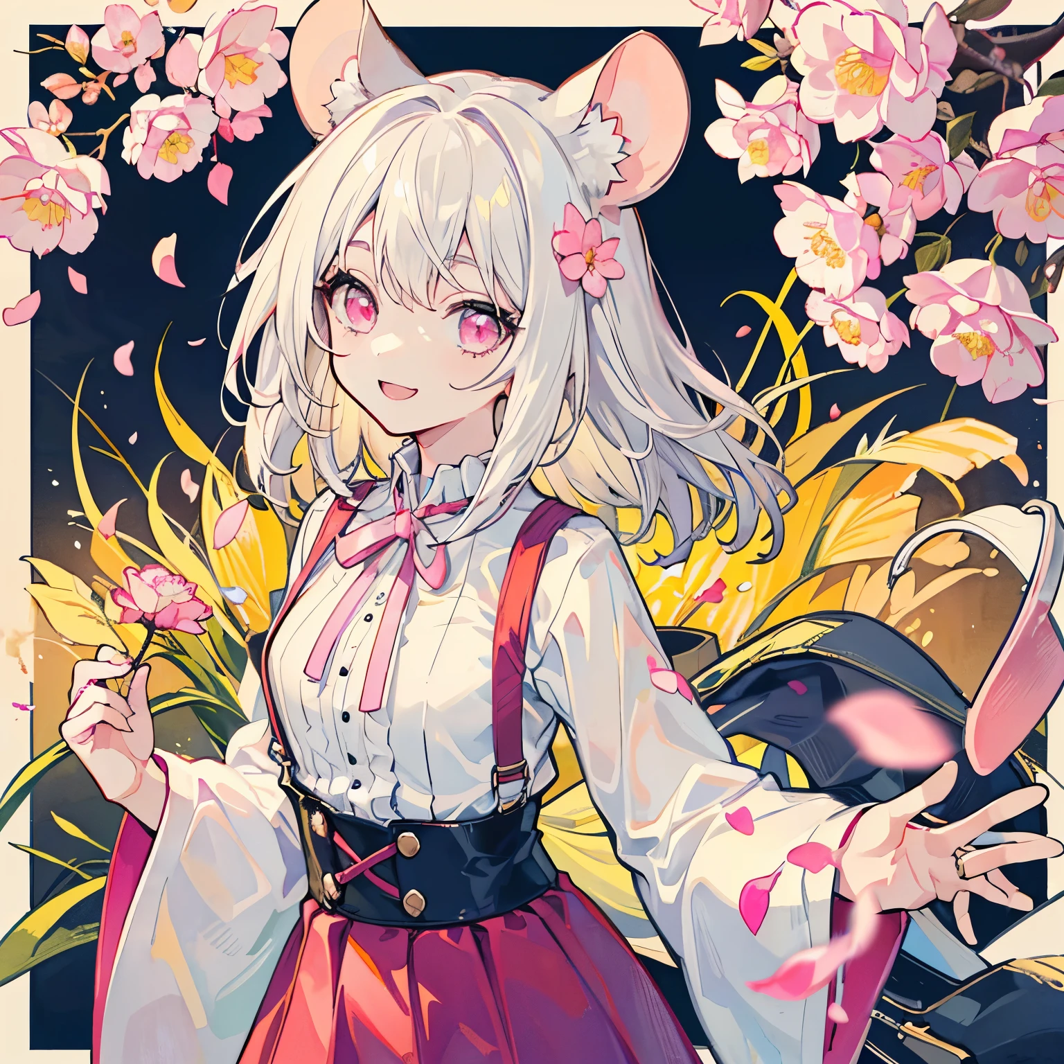 Transparent watercolor、girl、Jewel Eyes、Beautiful arrangements and motifs、Depth of written border、1girl, White Hair((Medium Hair、Wavy Hair)), White tips,((Pink and white)),Background beige、Mouse Girl、Mouse Girl、Mouse Ears、Beautiful clothes、Yellow and white motif smile、Pink eyes、Background birch tree、Solo Illustration、High neck、Mysterious Girl、Frilled shirt、Pink petals fluttering、holding pink flower in hand、Red drawstring skirt、Red and pink skirt with suspenders
