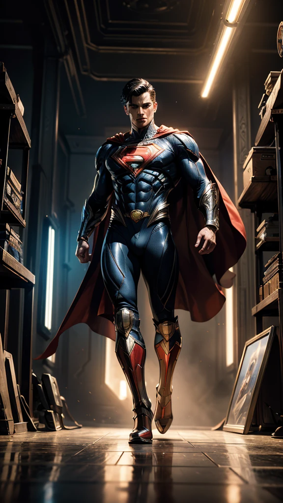 ((masterpiece)), ((best quality)), NVIDIA RTX, intricate details, cinematic lights, reflection lights details, futuristic Superman in action, full body