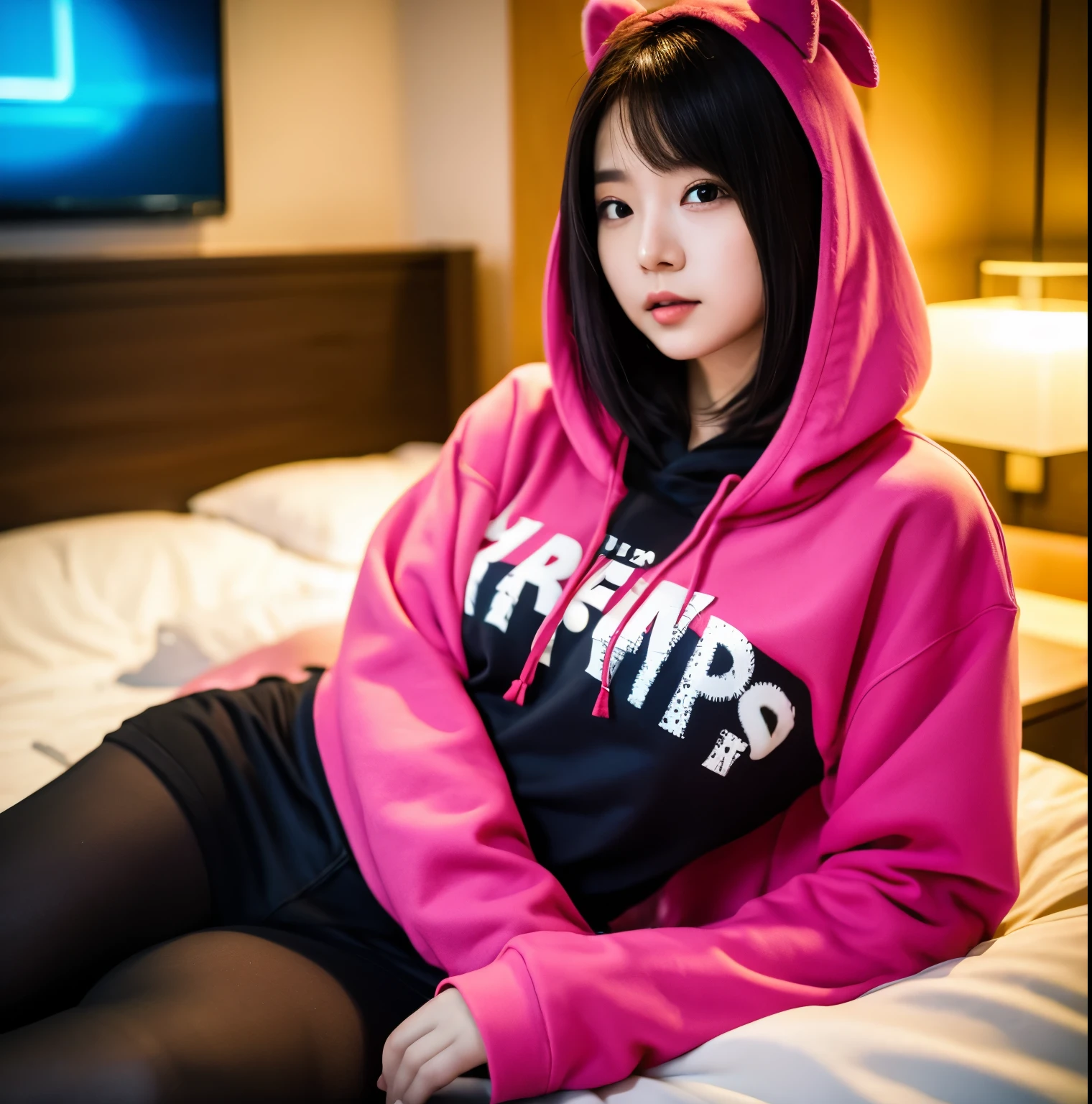 Arape girl lying on bed,The background is colorful。Cyberpunk Anime Girl Cosplay Guwiz Style Artwork,Artist Lu Dongjun,Created by Yang J,Ross Luggage 8K,Guvitz at Pisif Art Station。Sakimican Frank Franzeta assisted with creative conception。Anime girls wear hoodies。