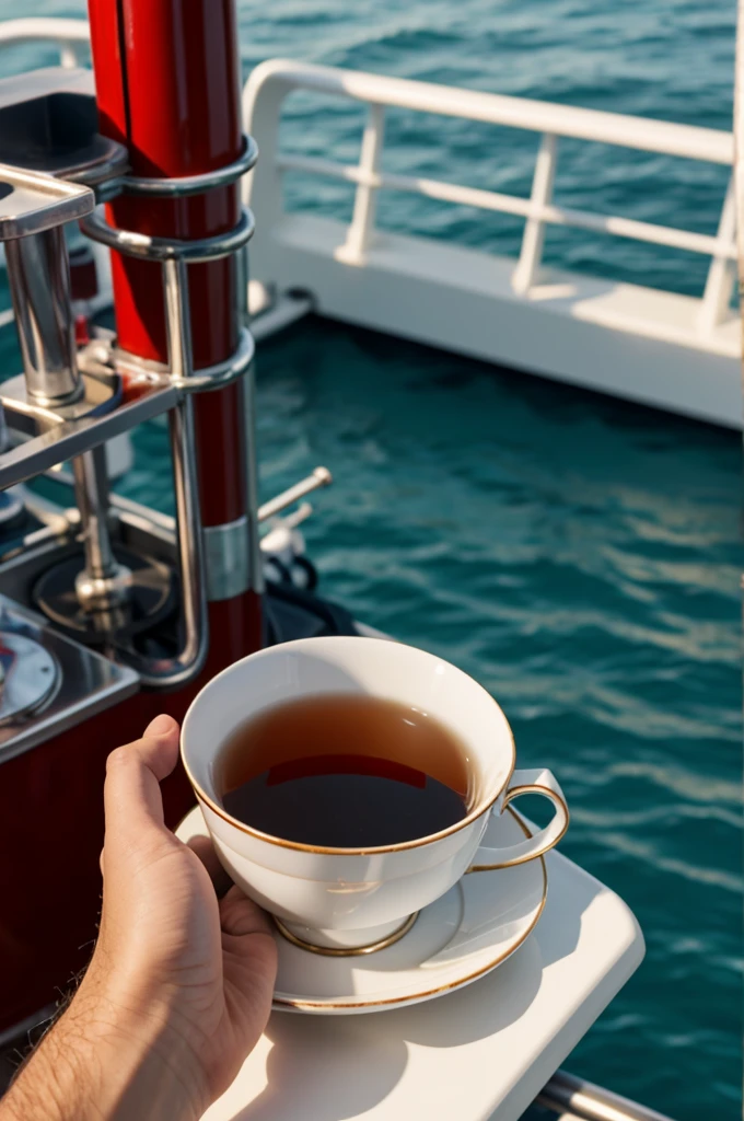 Tea cup in an Marine Engineer's hand on the ship