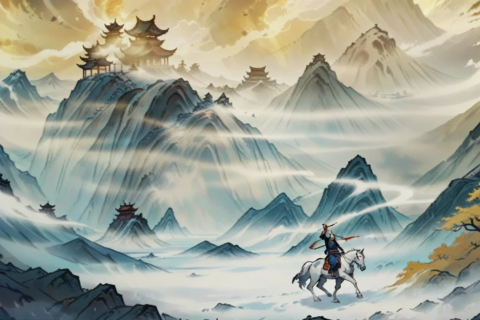 There is a painting，Painting of a man riding a horse in the mountains, Onmyoji detailed art, background technology, anime scenery Concept Art, background technologywork, Concept Art, Concept Art, Concept Art stunning atmosphere, Onmyoji, Concept Art. Epic Landscapes, painted as a game Concept Art, Concept World Art, scenery game Concept Art, Concept Art for a video game