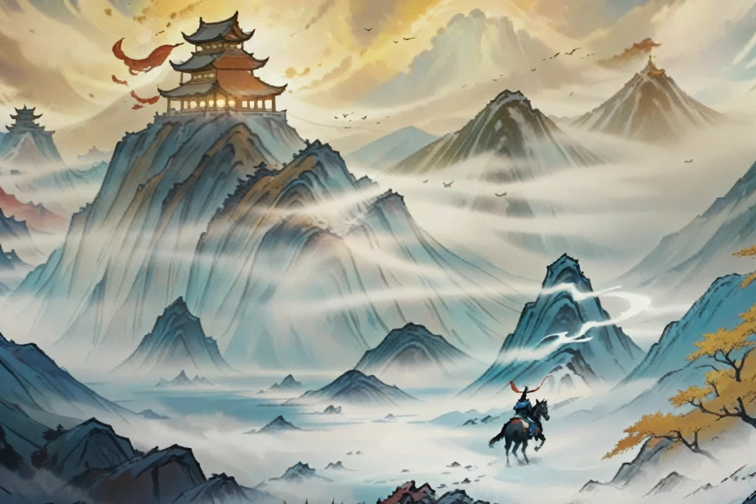 There is a painting，Painting of a man riding a horse in the mountains, Onmyoji detailed art, background technology, anime scenery Concept Art, background technologywork, Concept Art, Concept Art, Concept Art stunning atmosphere, Onmyoji, Concept Art. Epic Landscapes, painted as a game Concept Art, Concept World Art, scenery game Concept Art, Concept Art for a video game