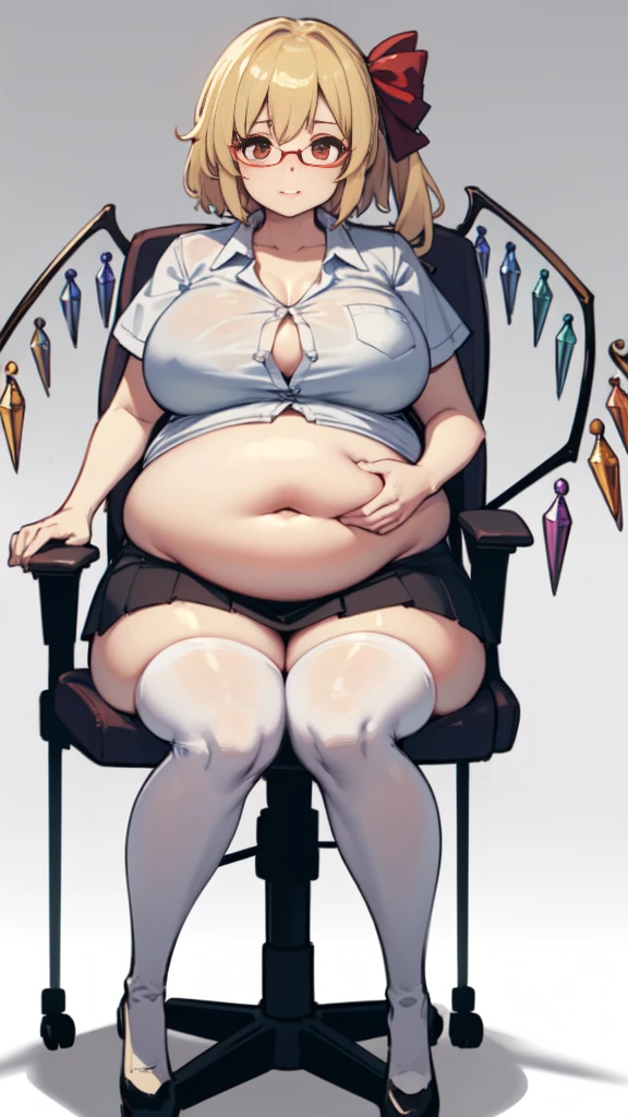 (masterpiece, best quality, glasses, full body, Flandre scarlet), 1girls, big belly, blurry background, huge belly, art by kipteitei, round belly, chubby, curvy, white button-up shirt, skirt, thighhighs, simple_background, gradient_background, belly bursting out of shirt, belly grab, enormous belly, fat belly, thicc, bigger belly, sitting on chair, really big belly, jiggly belly, shirt covering belly, belly cover by shirt