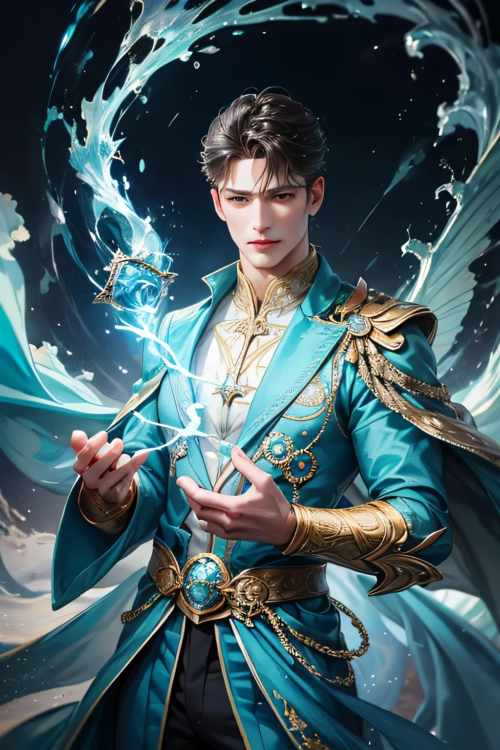 "Create an ultra-realistic image of a handsome, male fairy, around 43 years old. He should be holding a magical staff that emanates the energy of the water. Dress him in an elegant, varied aqua blue outfit that reflects the brilliance and dynamism of the water. Surround him with elements like swirling clouds and flashes of lightning to showcase his connection to these elements. Include a distinct water symbol or design on his body, signifying his role as the keeper of the deep water, and highlighting the powerful celestial energy he embodies within him."