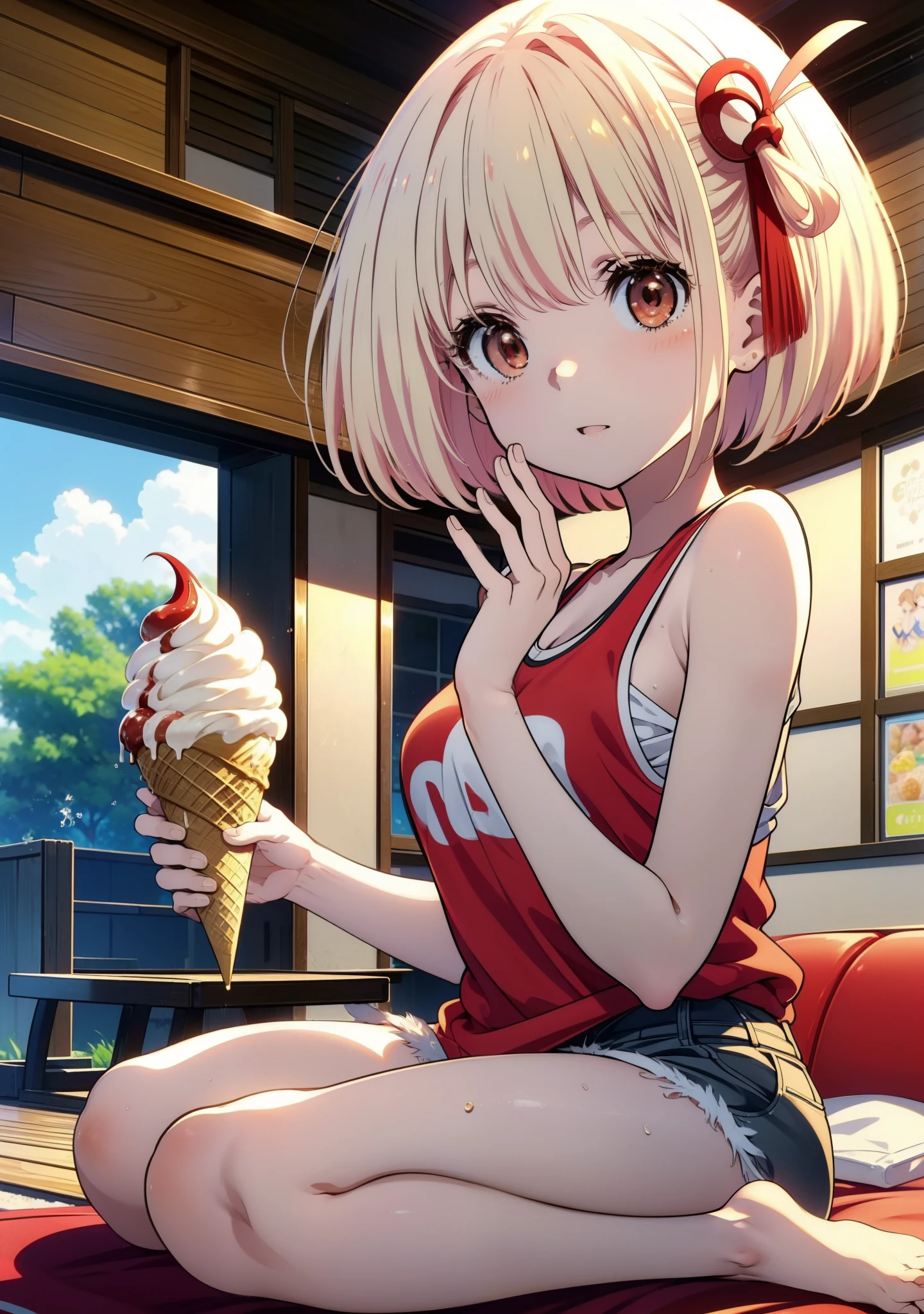  Chisato Nishikigi, short hair, bangs, Blonde, (Red eyes:1.5), Bobcut,smile,Open your mouth,Sweat,Red Tank Top,Shorts,barefoot,barefoot,Sitting on the sofa,Holding an ice cream in one hand,Eating ice cream,Daytime,True Summer,whole bodyがイラストに入るように,
break outdoors,room,
break looking at viewer, whole body,
break (masterpiece:1.2), Highest quality, High resolution, unity 8k wallpaper, (figure:0.8), (Beautiful attention to detail:1.6), Highly detailed face, Perfect lighting, Highly detailed CG, (Perfect hands, Perfect Anatomy),