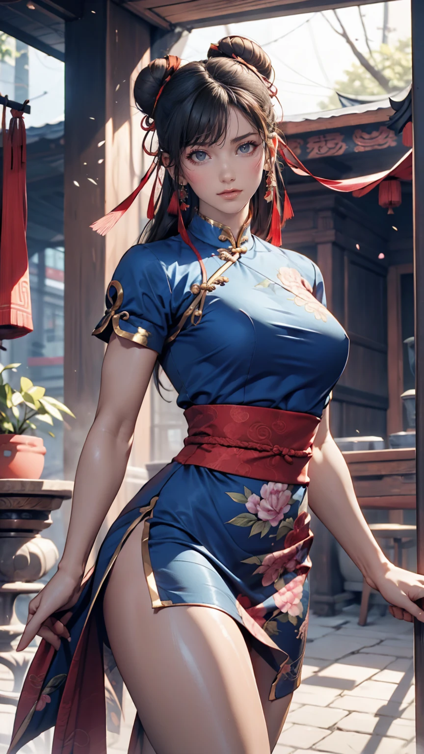 Chun-Li from Street Fighter 2、Wearing a blue Chinese dress、Toned body、Bun Hair、Sexy、Sexy proportions、Showing off beautiful legs、adult、sexuell、