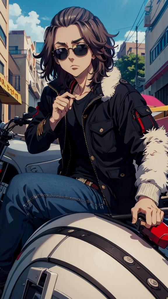 Manjiro Sano, usando uma jaqueta preta, with sunglasses