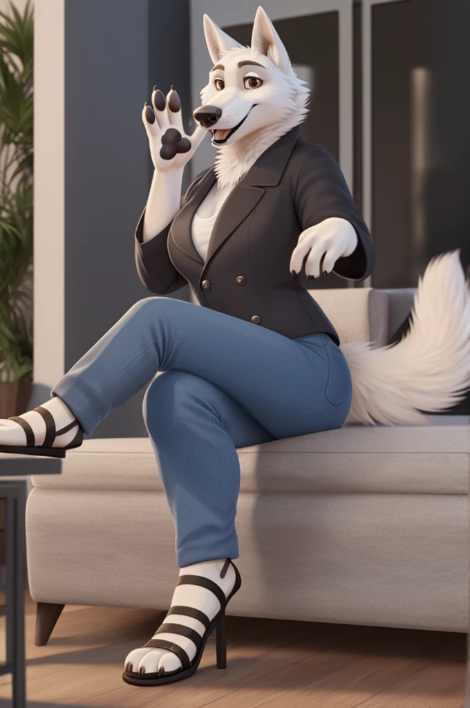 Barbara\(Moscow\), (white body:1.3), white fur, Brown eyes, Moscow, dressed, denim jacket, jeans, pink open-heeled sandals, fetish, dog, wolf, Detailed fur, Woman, breasts, anthro, paw pads , finger claws, treats guests, waving to the viewer, 5 fingers, paws, 4 toes, ring, sitting at home
BREAK from nextel, for dating, from xenoforge, (complex, high detail, film shooting, soft focus, RAW sitting at home,
Photorealism, realism, photorealism, digital style, Subsurface scattering,
masterpiece, Best quality, ultra realistic, 8k)
